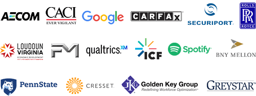 AECOM, CACI, Google, Carfax, ICF, Loudoun Virginia, FM Global, Qualtrics, Rolls Royce, Spotify, BNY Mellon, Cresset, Golden Key Group, Greystar, Securiport