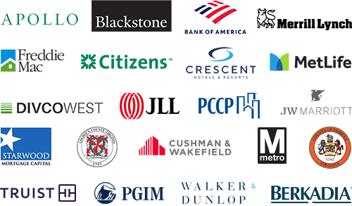 Apollo, Blackstone, Merrill Lynch, Bank of America, Freddie Mac, Citizens, Crescent Hotels and Resorts, MetLife, Divco West, JLL, PCCP, JW Marriott, Starwood Mortgage Capital, Loudoun County Virginia, Cushman & Wakefield, Metro, County of Fairfax, Truist, PGIM, Walker & Dunlop, Berkadia